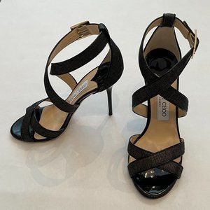 JIMMY CHOO Lottie dark navy denim gold shimmer w/black patent leather Sandals 37